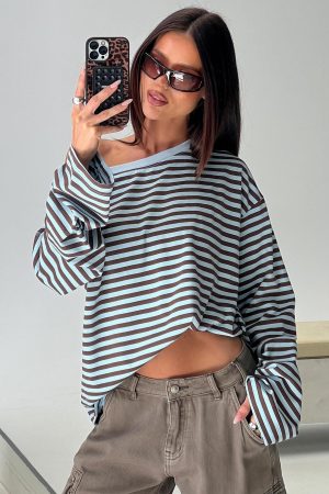 Settle Down One Shoulder Long Sleeve Top Chocolate / Blue Stripe