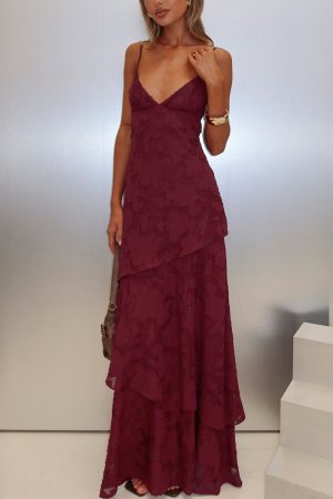 Lyricah Tiered Tie Back Maxi Dress Burgundy