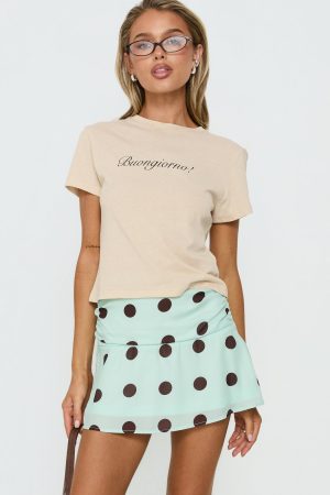 Elicia Ruched Mini Skirt Mint / Chocolate Polka Dot