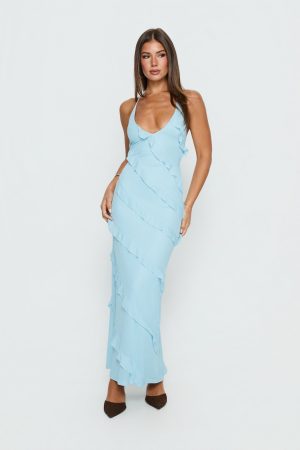 Adesta Frill Halter Maxi Dress Blue