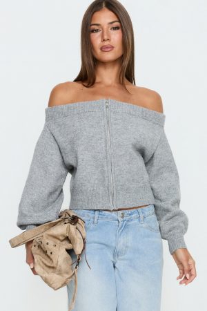 Ortensa Off Shoulder Zip Through Jumper Grey Marle
