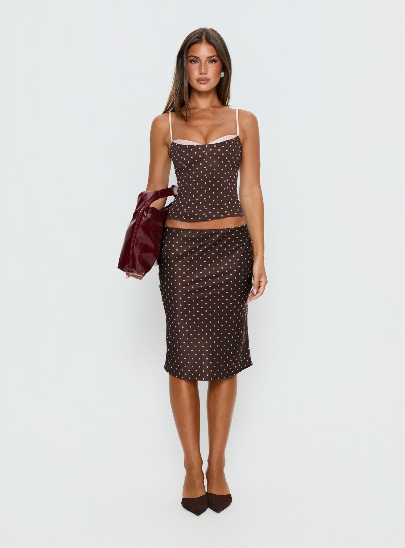 Somani Satin Midi Skirt Brown / Pink Polka Dot - Image 2
