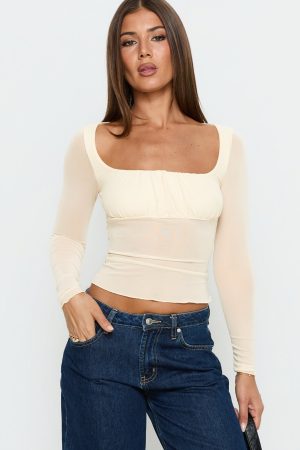 Victoire Long Sleeve Mesh Top Beige