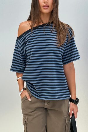 Settle Down One Shoulder Top Blue Stripe