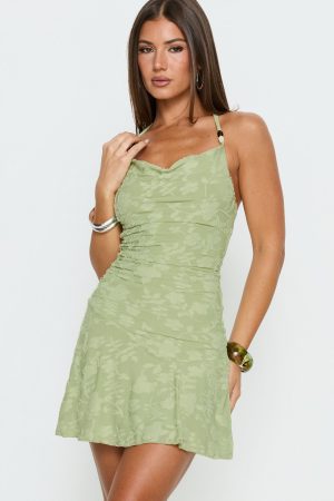 Arcelia Beaded Halter Mini Dress Sage
