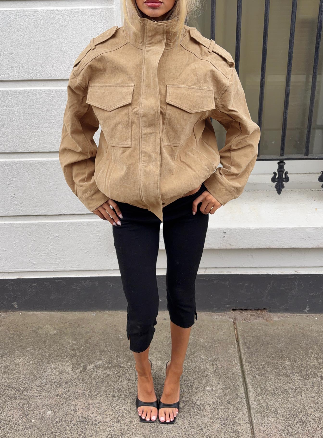 Double Life Funnel Neck Cargo Jacket Beige - Image 11