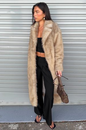 End Of Beginning Faux Fur Longline Jacket Beige