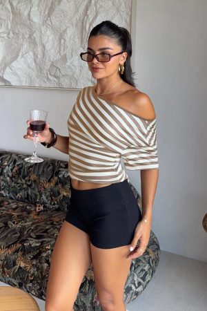 Emlynn Off Shoulder Top Brown Stripe