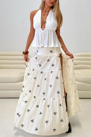 Cinnamon Embroidered Maxi Skirt Cream / Navy