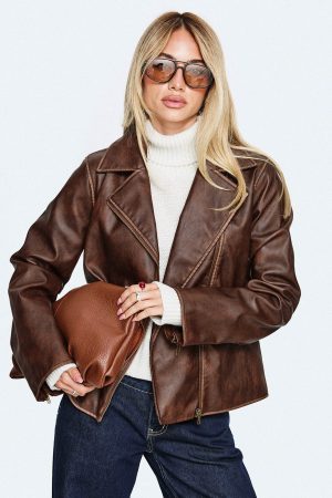 Vyolette Faux Leather Collared Jacket Washed Brown