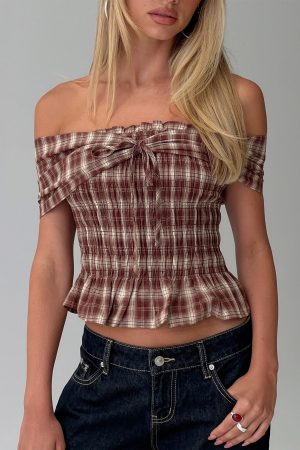 Avalynn Off Shoulder Shirred Top Brown Check