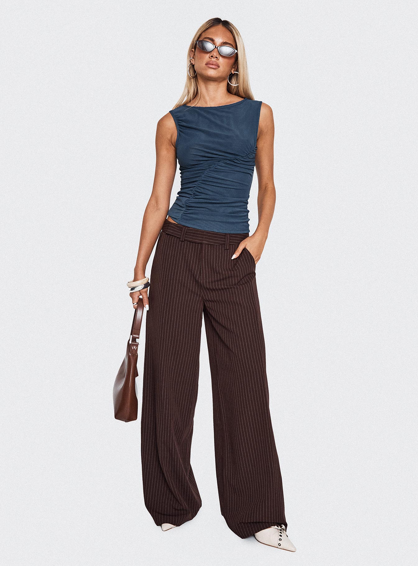 Lustre Wide Leg Pant Brown Pinstripe - Image 2