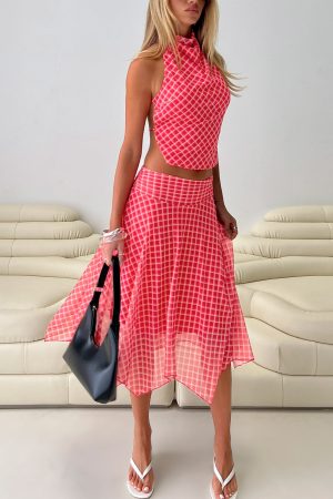 Scenic Route Asymmetrical Midi Skirt Red Check