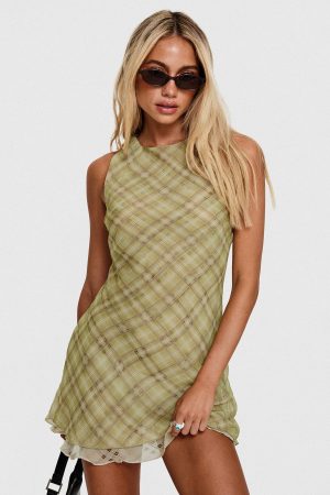 Buffie Shoulder Mini Dress Green Check