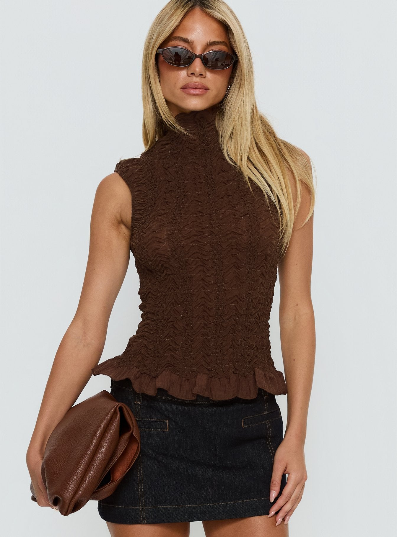 Danira High Neck Textured Top Brown - Image 2