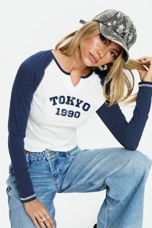 Tokyo 1990 Long Sleeve Raglan Graphic Top White / Blue