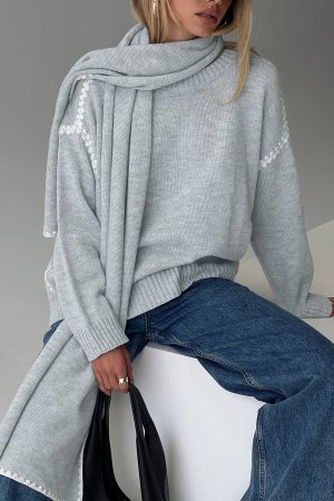 Keriana Contrast Stitch Knit Sweater Grey / White