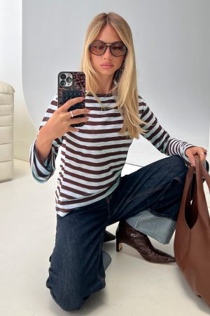 So Composed Boat Neck Long Sleeve Top Blue Stripe