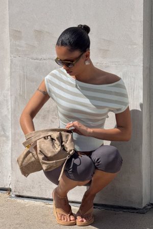 Vianne Cinched Waist Short Sleeve Knit Top Blue / Grey Stripe