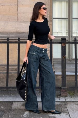 Unwritten Mid Rise Wide Leg Jeans Dark Blue Wash