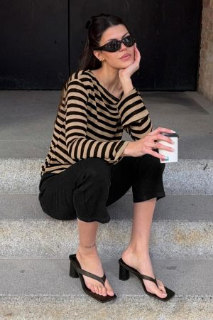 So Composed Boat Neck Long Sleeve Top Latte Stripe