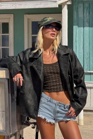 Vyolette Faux Leather Collared Jacket Washed Black