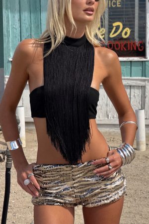 Zephyrine Fringe Asymmetrical Halter Top Black