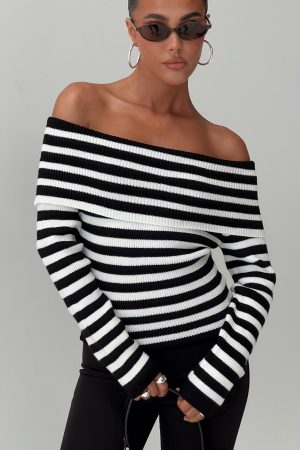 Danyel Off The Shoulder Sweater Black / White Stripe