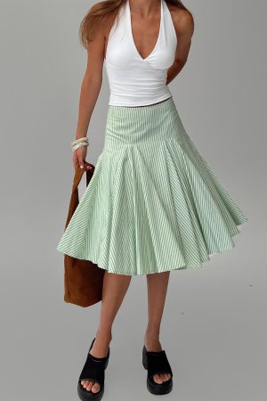 Evangaleine Pleat Midi Skirt Green / White