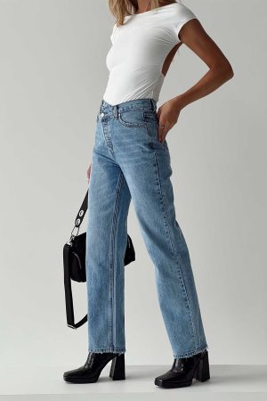 Holly Asymmetric Straight Leg Jean Light Wash Denim