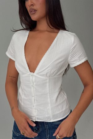 Small Fortune Lace Trim Short Sleeve Blouse Top White