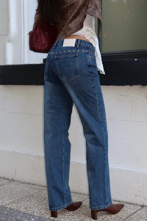 So Dazzling Studded Low Rise Straight Leg Jeans Dark Wash