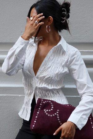 Cultivate Shirred Long Sleeve Top White