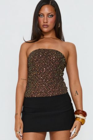 Zohara Sequin Strapless Top Brown