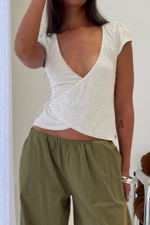 Stefanee Short Sleeve Wrap Top Light Grey Marle