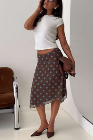 Daphene Asymmetrical Midi Skirt Brown / Blue Polka Dot
