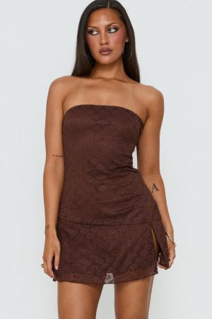 Cavalier Strapless Lace Mini Dress Chocolate