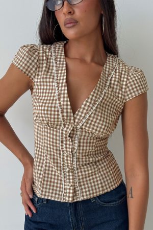Bradlie Frill Detail Short Sleeve Blouse Top Chocolate Gingham