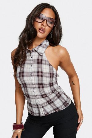 Klossie Halter Button Down Top Multi Check