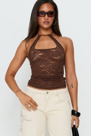 Janais Lace Tie Neck Top Chocolate