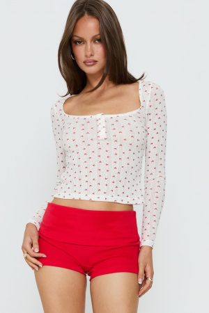 Sleepytea Pointelle Sleep Long Sleeve Top White / Red
