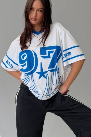 97 Sportstar Oversized Jersey Graphic Top White / Blue