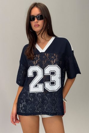 Lucky 23 Lace Jersey Graphic Top Navy