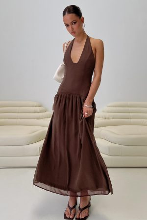 Chestnut Drop Waist Maxi Dress Brown