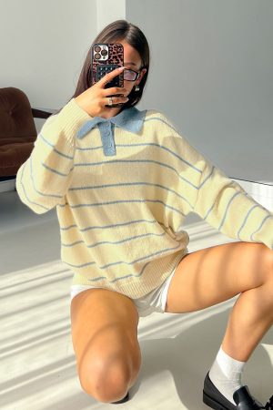 Minda Collared Knit Sweater Yellow Stripe
