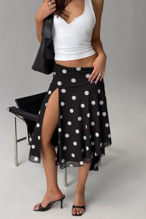 Dulciana High Split Asymmetrical Midi Skirt Black / Polka Dot