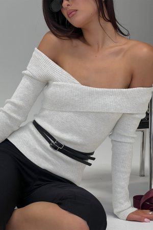 Ellenore Belt Detail Off Shoulder Top Grey