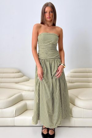 Frankey Strapless Drop Waist Maxi Dress Green Check