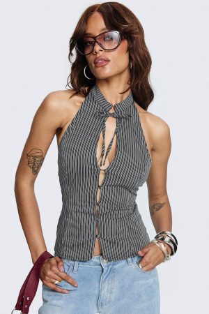 Tiarra Keyhole Sleeveless Top Black Stripe