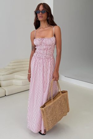 Loralei Shirred Maxi Dress Red Stripe